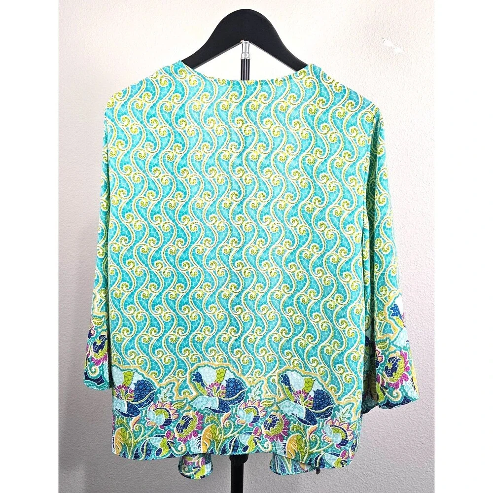 Lavender Honey Womens M Open Front Jacket Blue Green Paisley Art to Wear Kimono